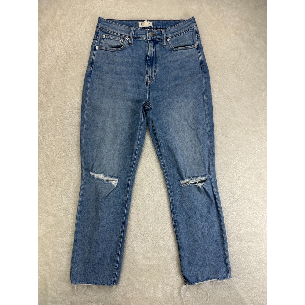 Madewell Crop Boyjean Jeans Womens 27 Blue Distressed The High Rise Slim Stretch